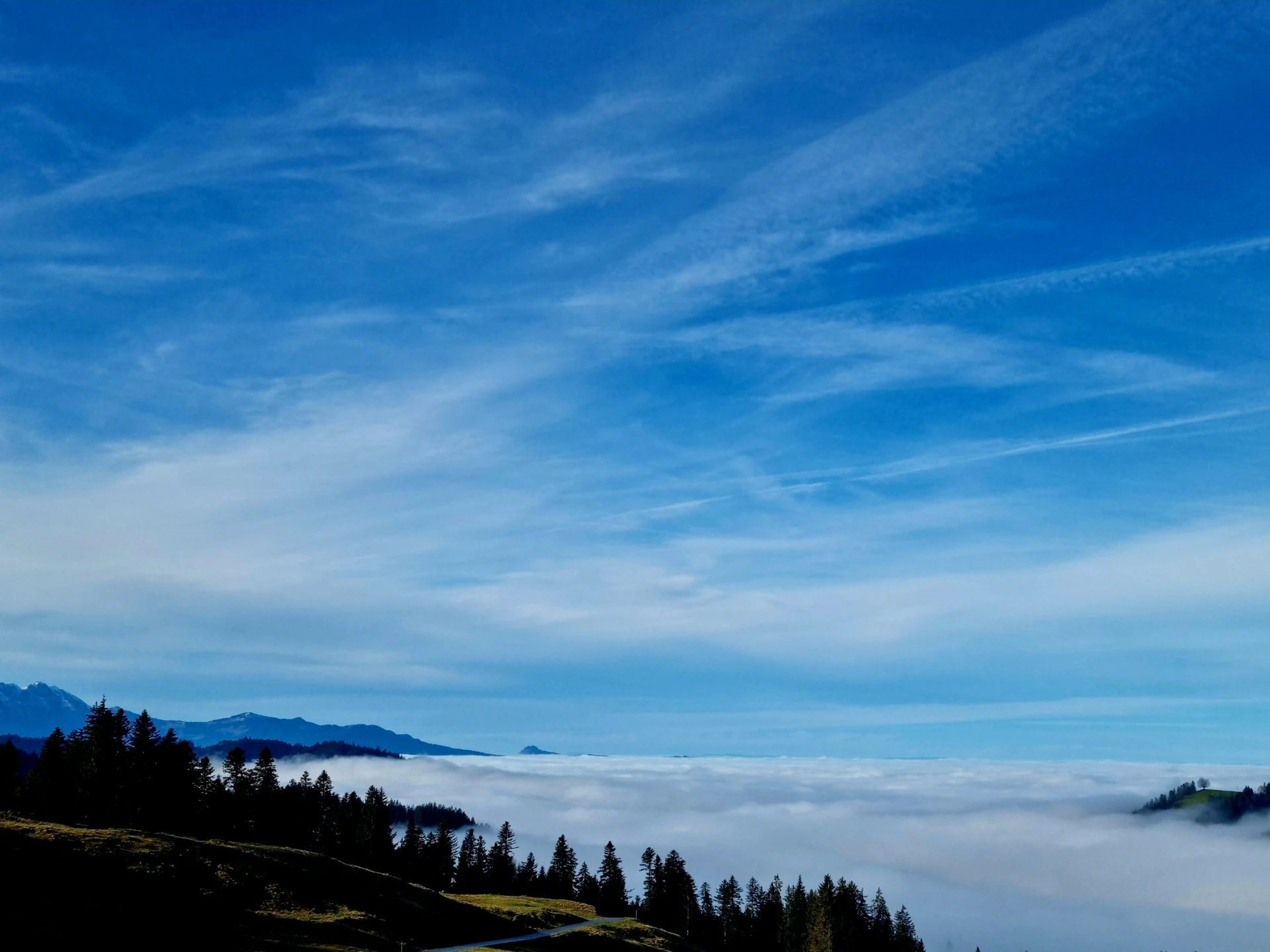 Ein Nebelmeer unter blauem Himmel mit bewaldeten Hügeln